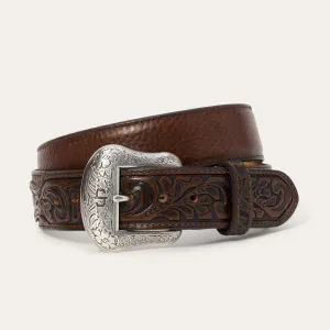 Bison Leather Tooled Tab Belt -STETSON