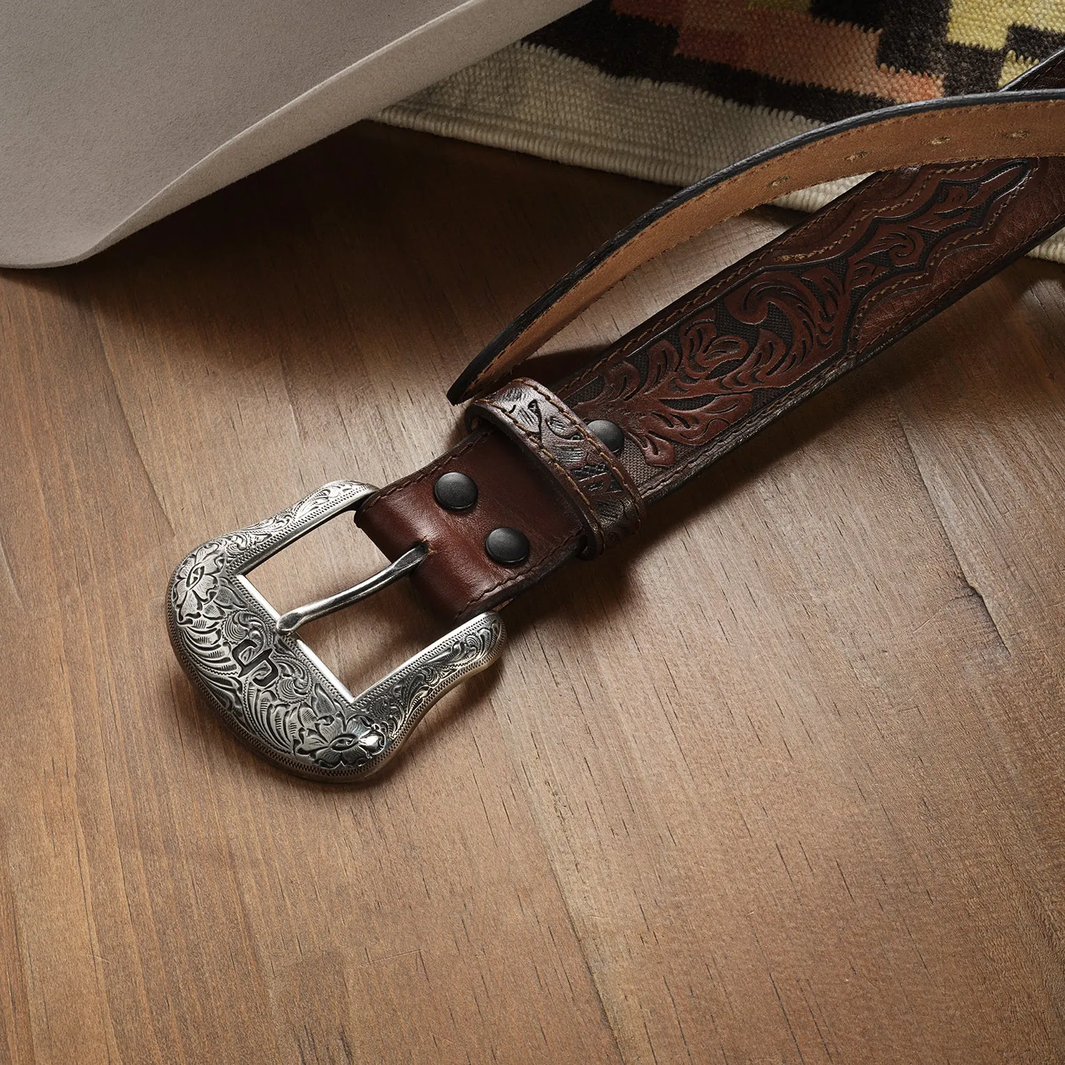 Bison Leather Tooled Tab Belt -STETSON