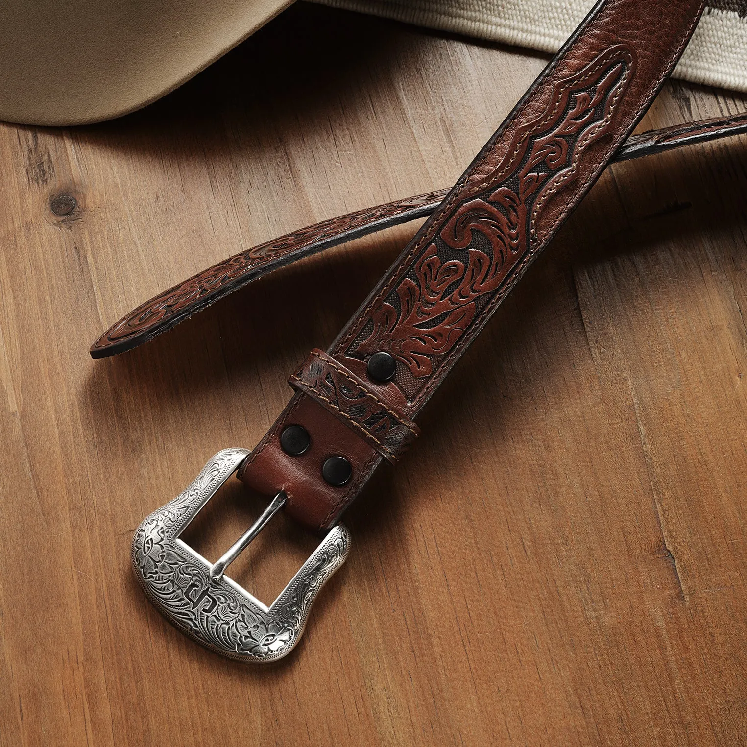 Bison Leather Tooled Tab Belt -STETSON