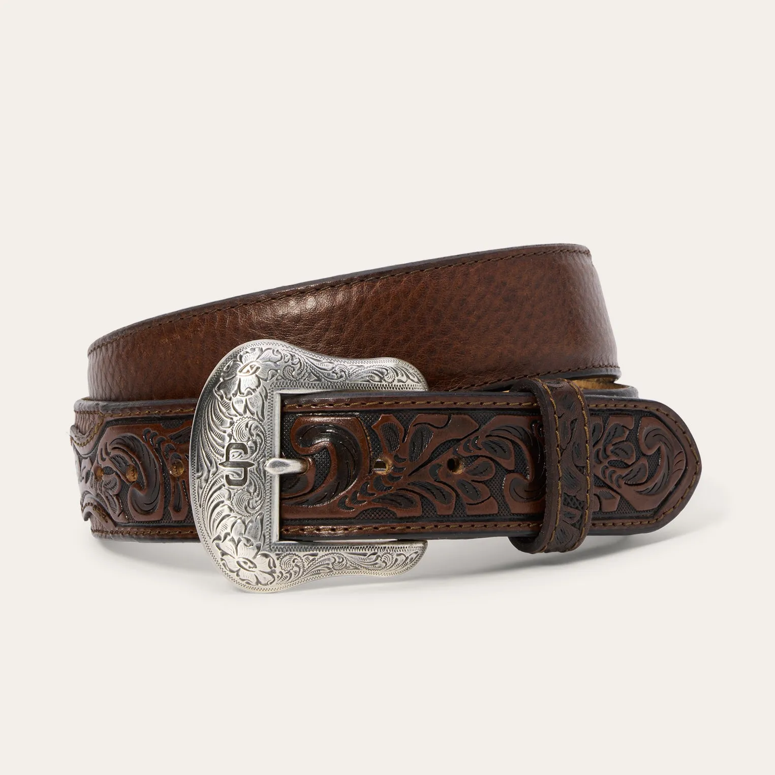 Bison Leather Tooled Tab Belt -STETSON