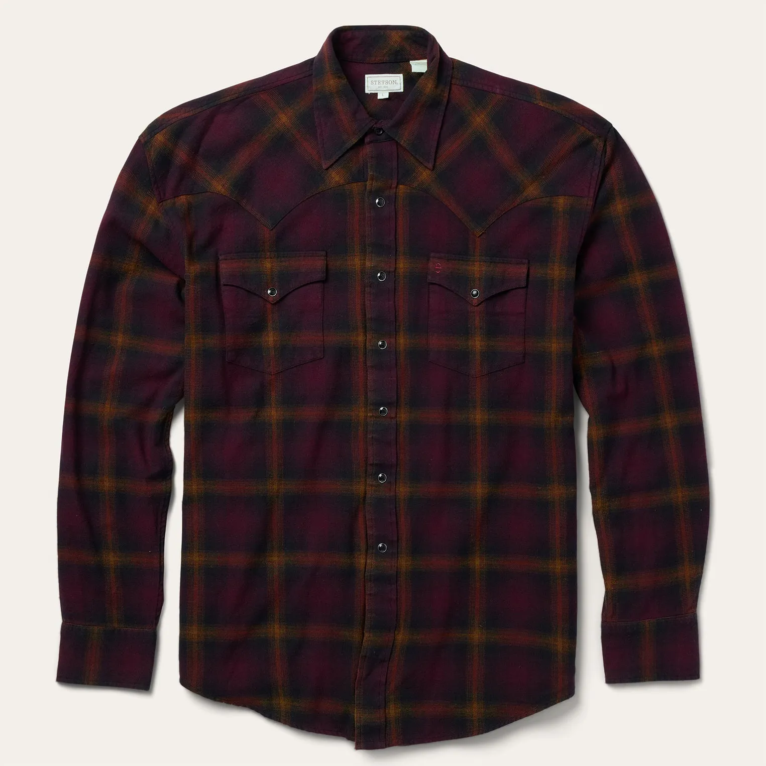 Black Wine Plaid Flannel Western Shirt -STETSON