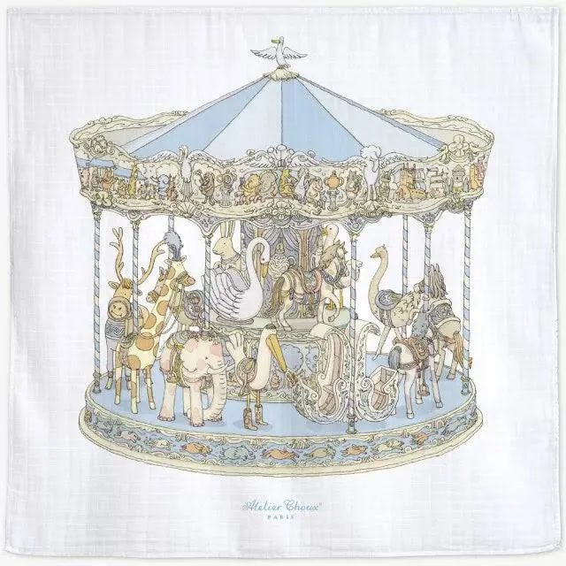 Blue Carousel Organic Cotton Swaddle & Bib with Gift Box Set