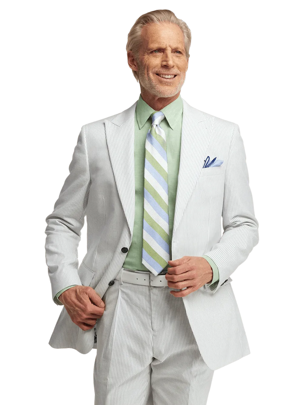 Cotton Stretch Stripe Seersucker Single Breasted Peak Lapel Suit Jacket - White/blue