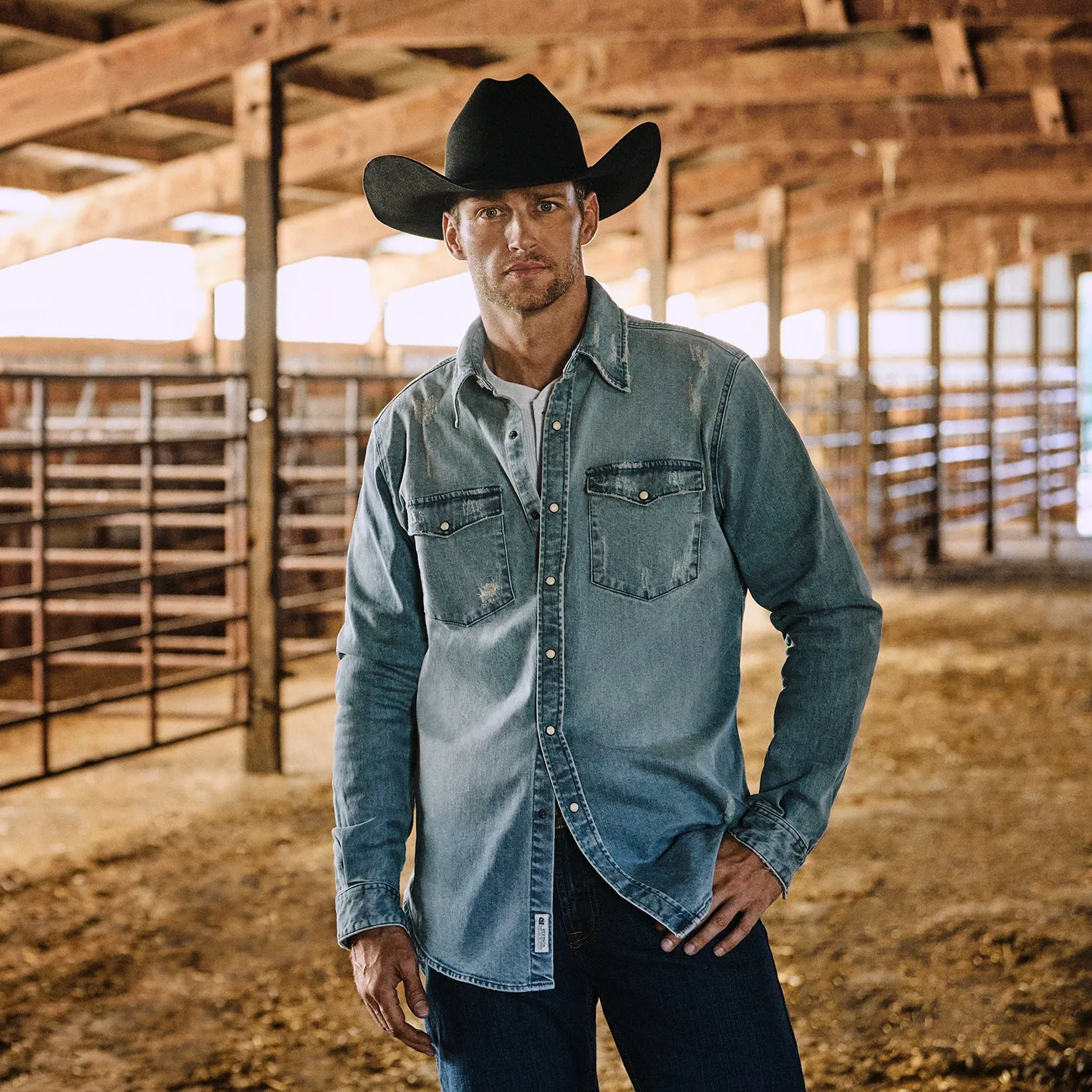 Distressed Denim Western Shirt -STETSON