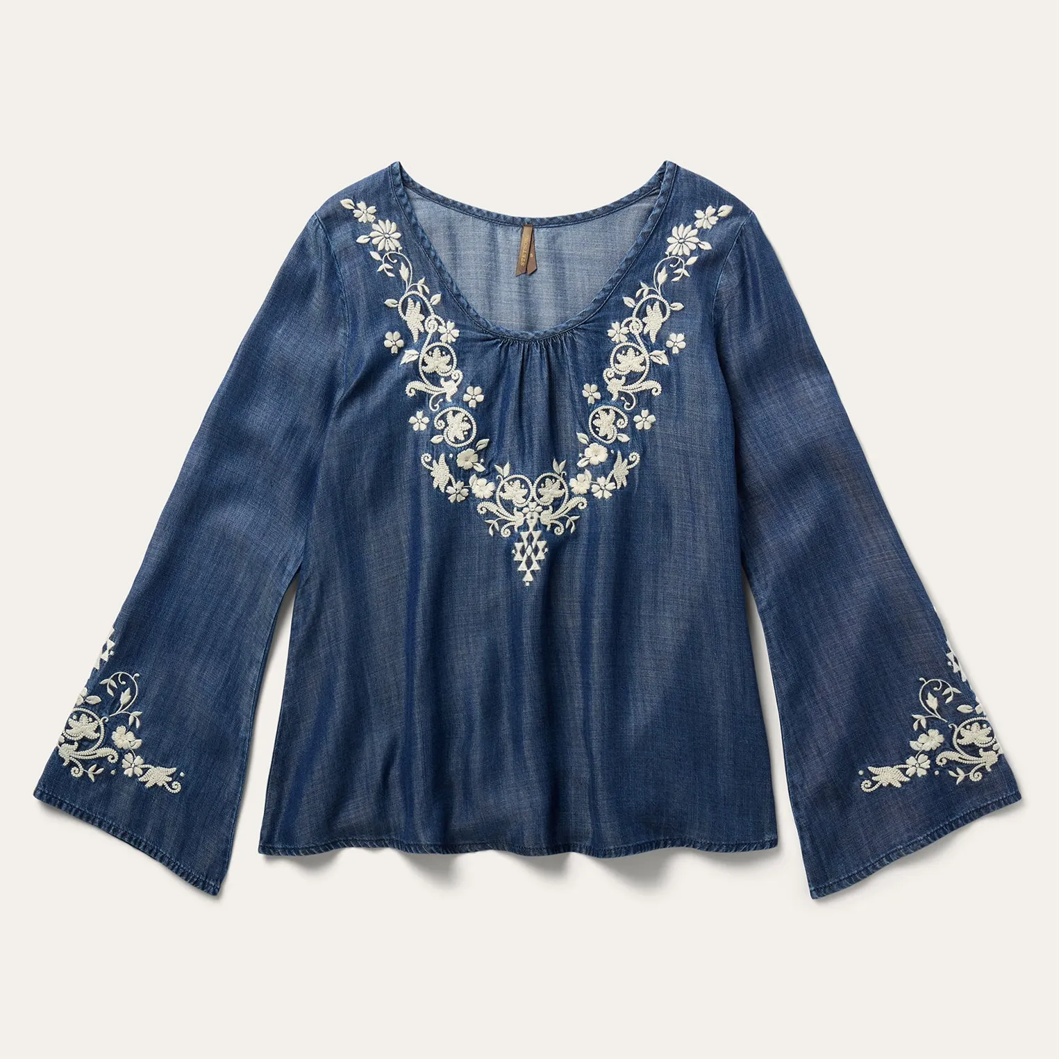 Embroidered Denim Peasant Blouse -STETSON