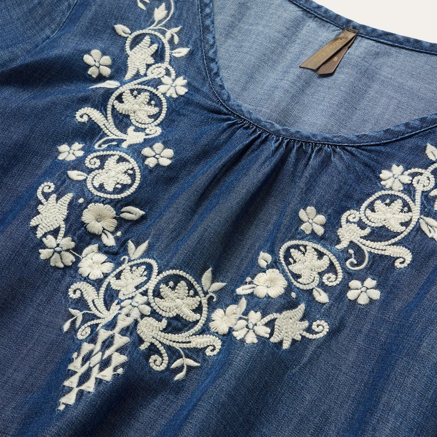 Embroidered Denim Peasant Blouse -STETSON