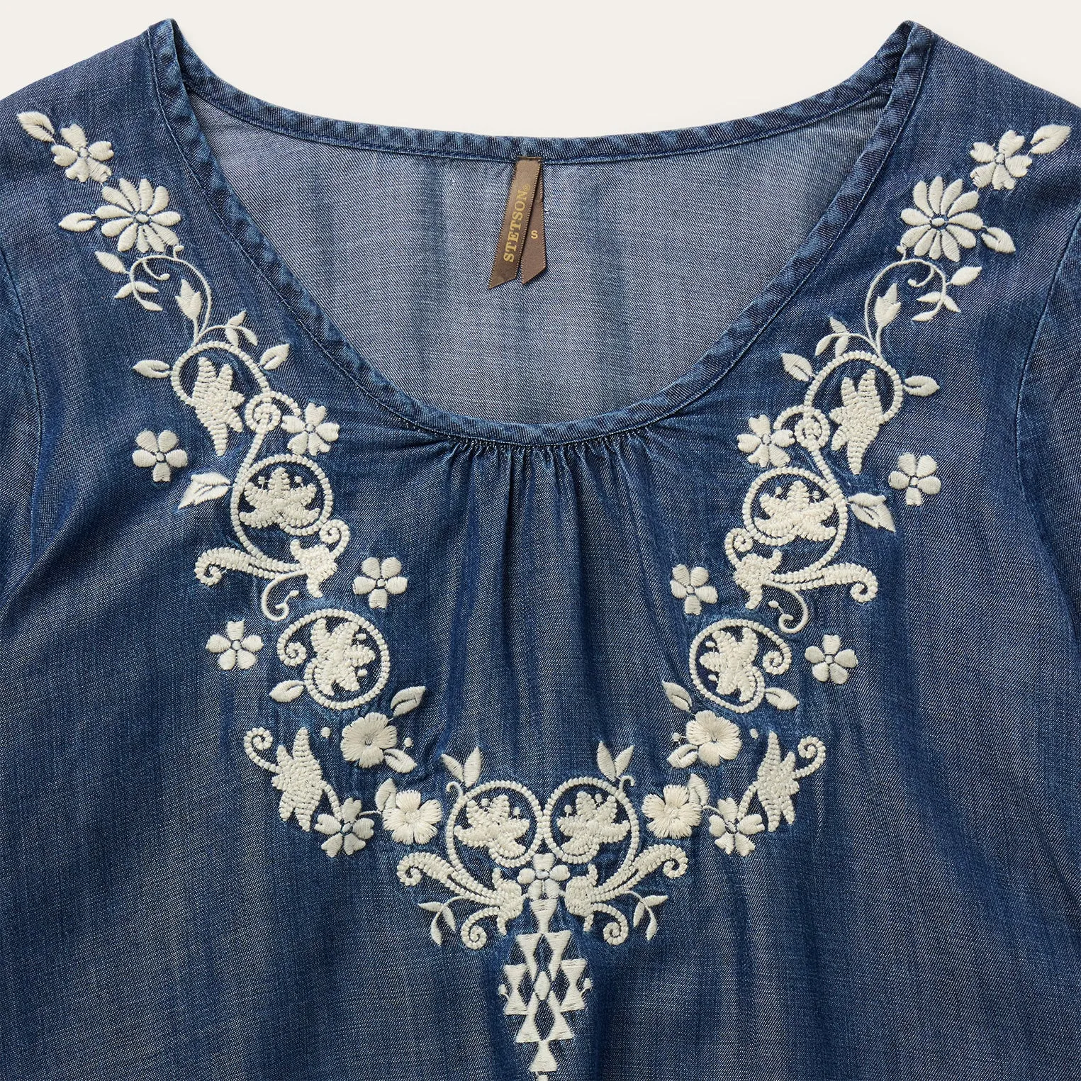 Embroidered Denim Peasant Blouse -STETSON