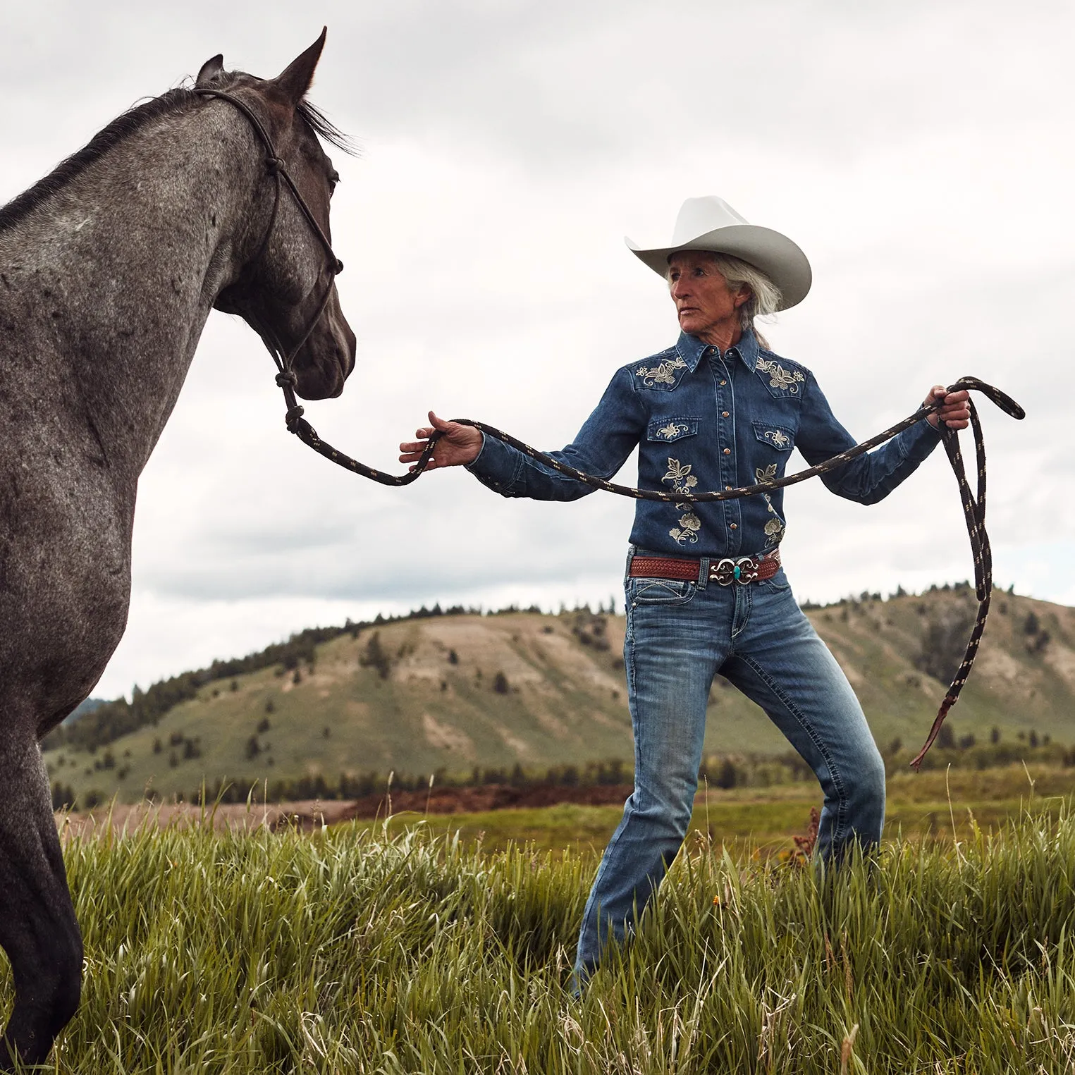 Floral Embroidered Dark Denim Shirt -STETSON