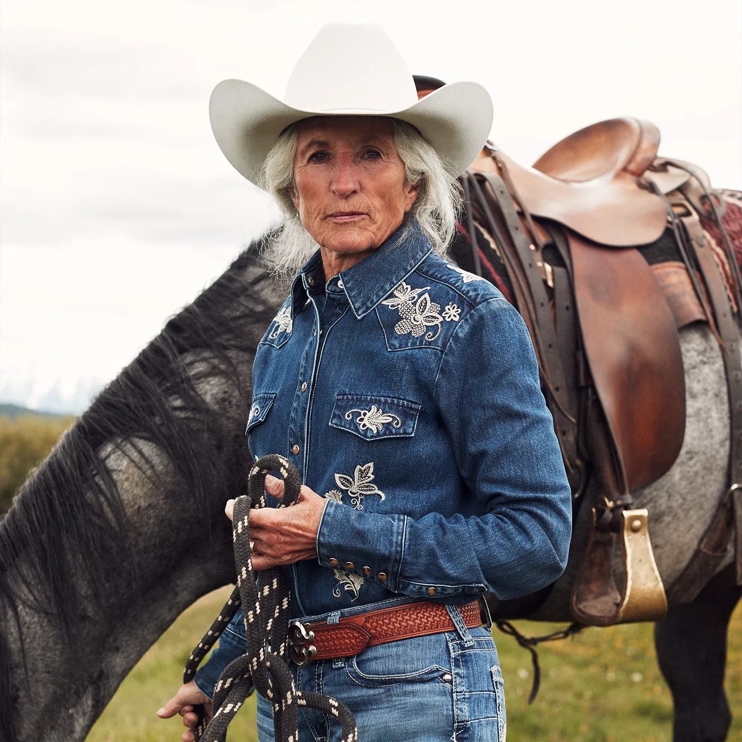 Floral Embroidered Dark Denim Shirt -STETSON