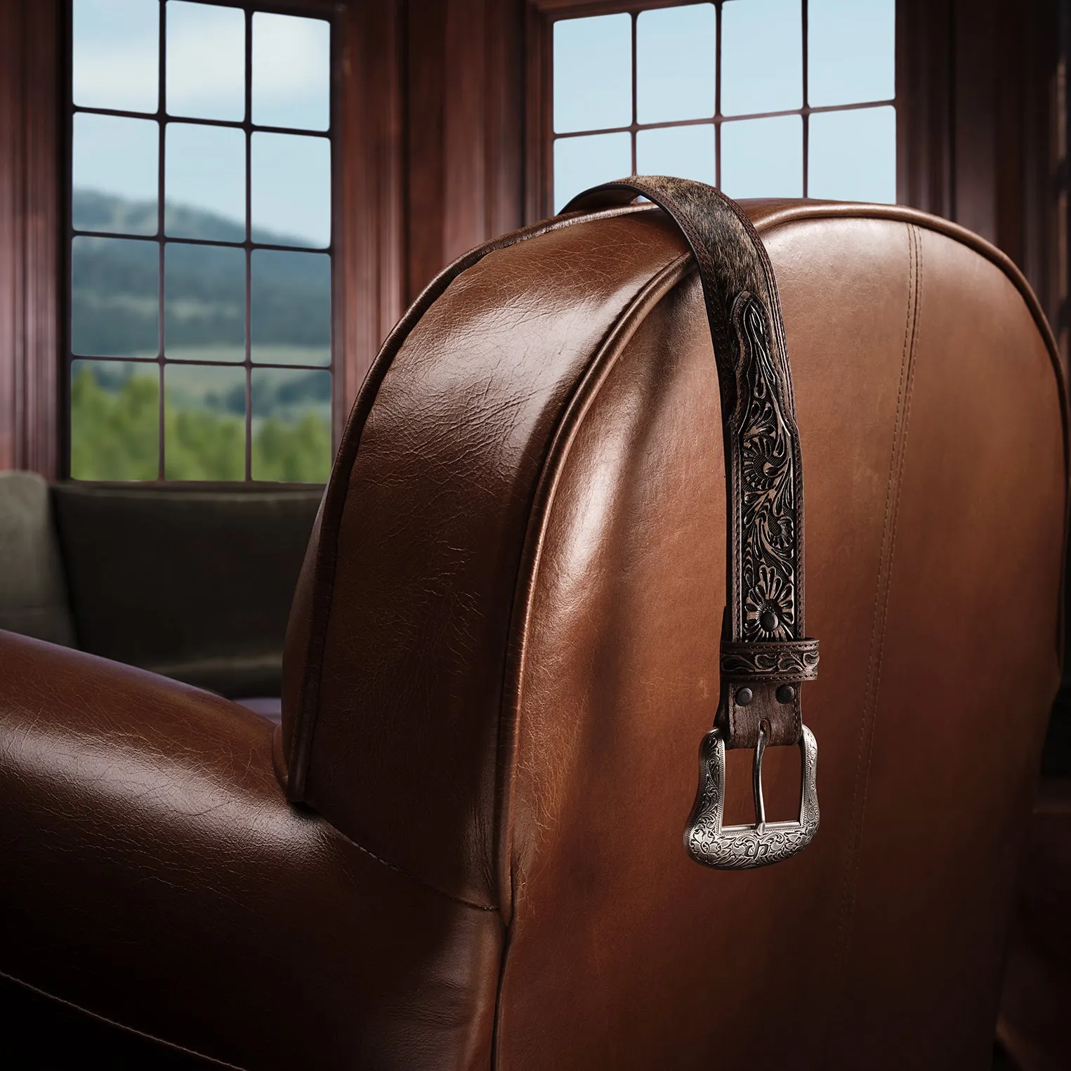 Hair-on-Hide Tooled Tab Belt -STETSON