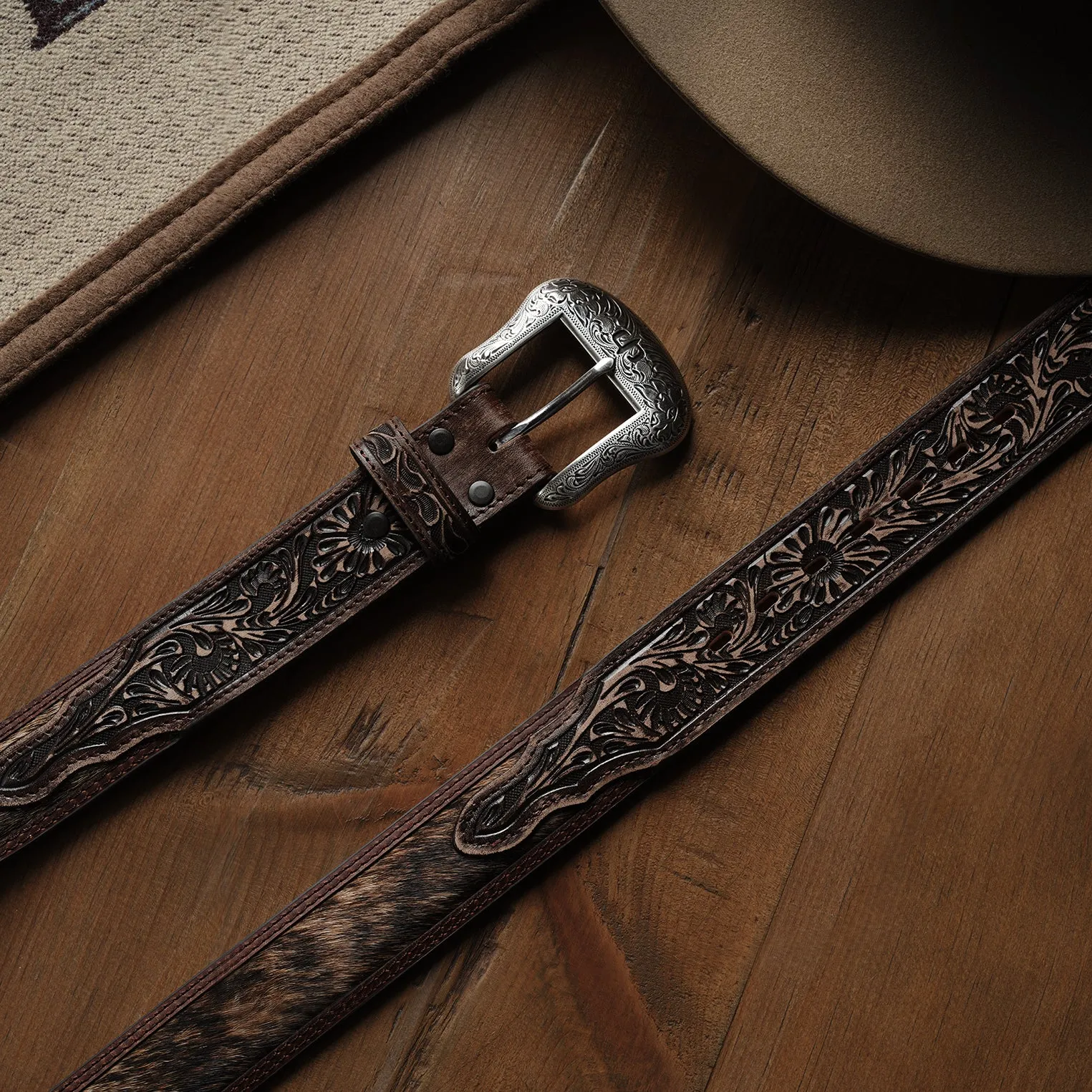 Hair-on-Hide Tooled Tab Belt -STETSON
