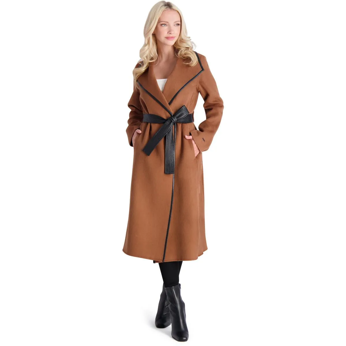 Juliette Womens Wool Blend Faux Leather Trim Wool Coat