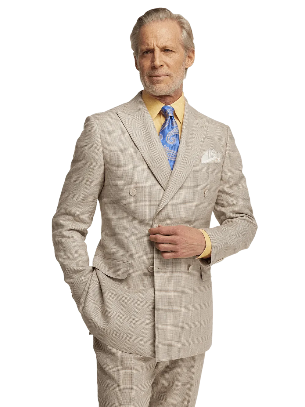 Linen Blend Plaid Double Breasted Peak Lapel Suit Jacket - Tan