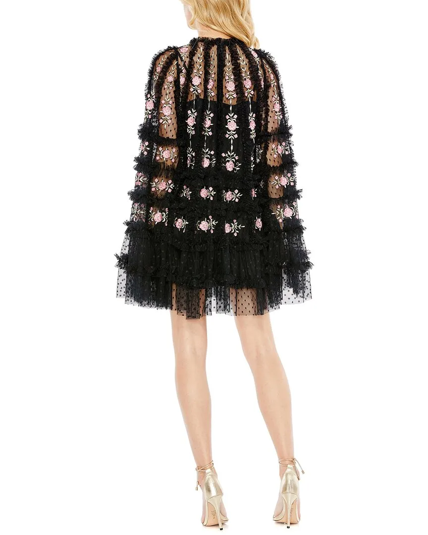 Mac Duggal Embroidered Long Flare Sleeve Mesh A-Line Dress
