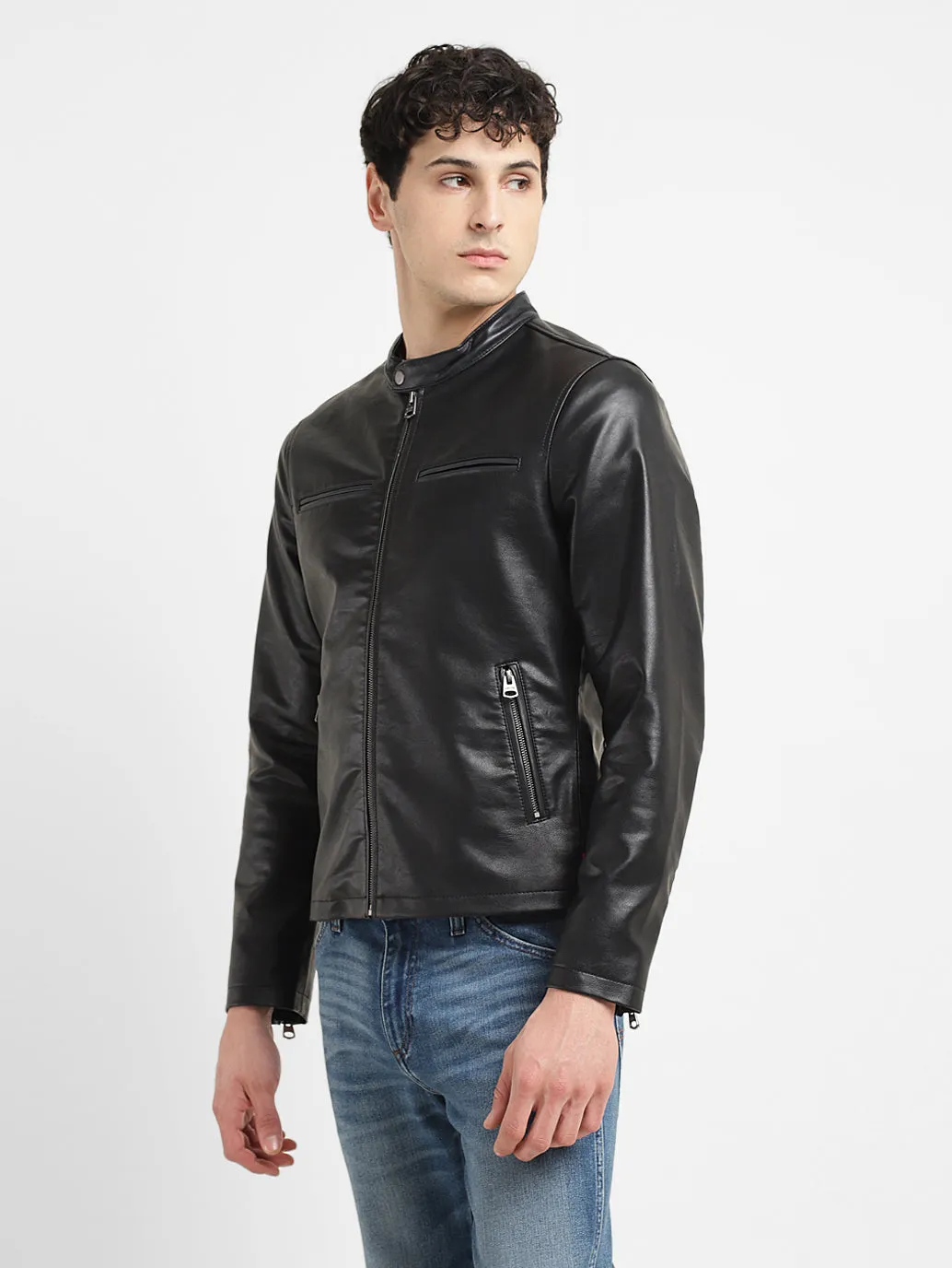 Men's Solid Black Band Neck Biker Jacket LEVI'S