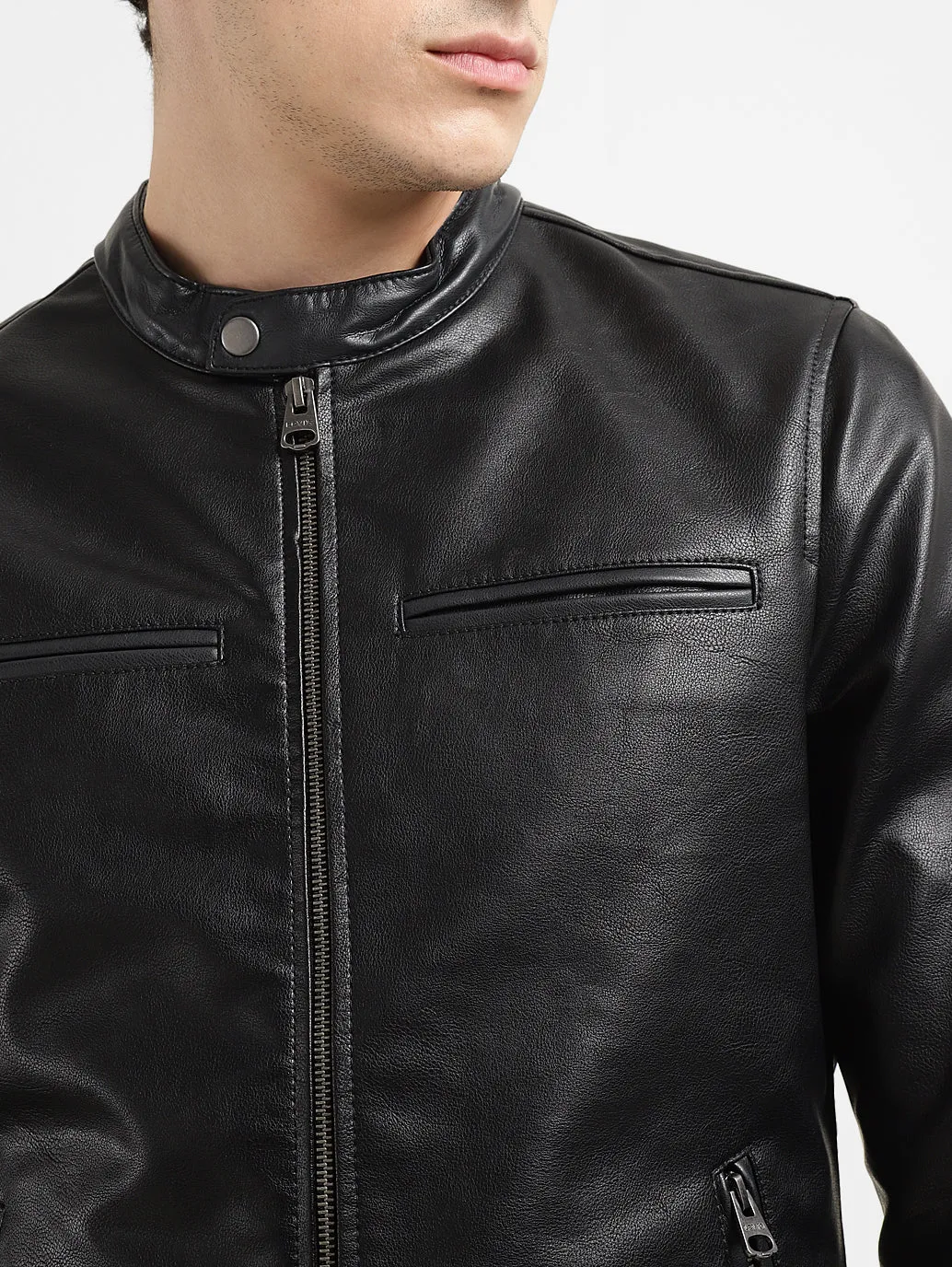 Men's Solid Black Band Neck Biker Jacket LEVI'S