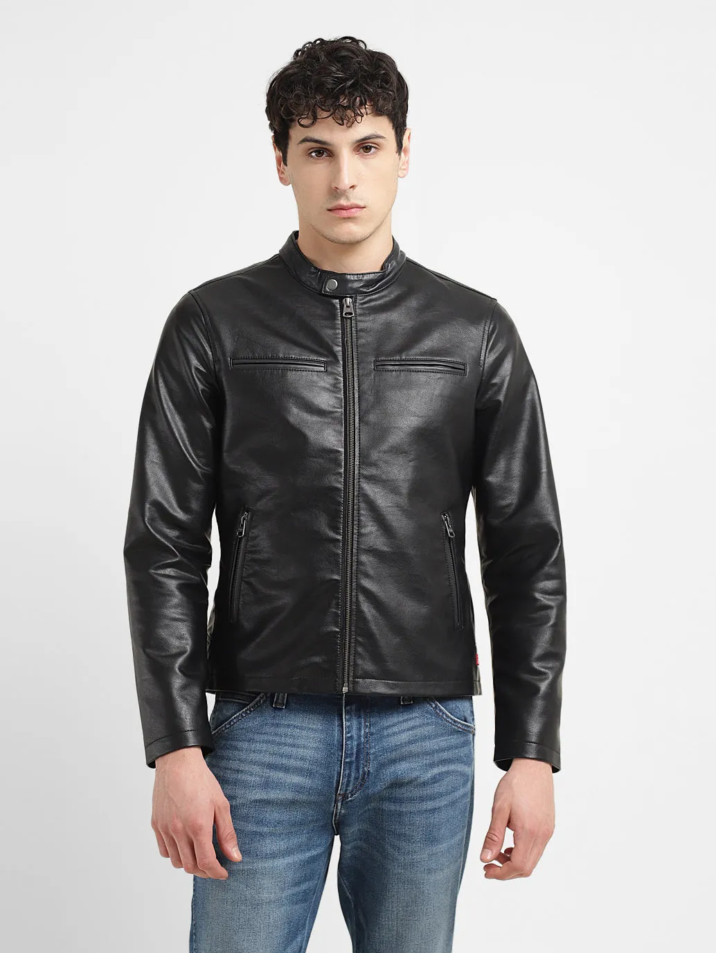 Men's Solid Black Band Neck Biker Jacket LEVI'S