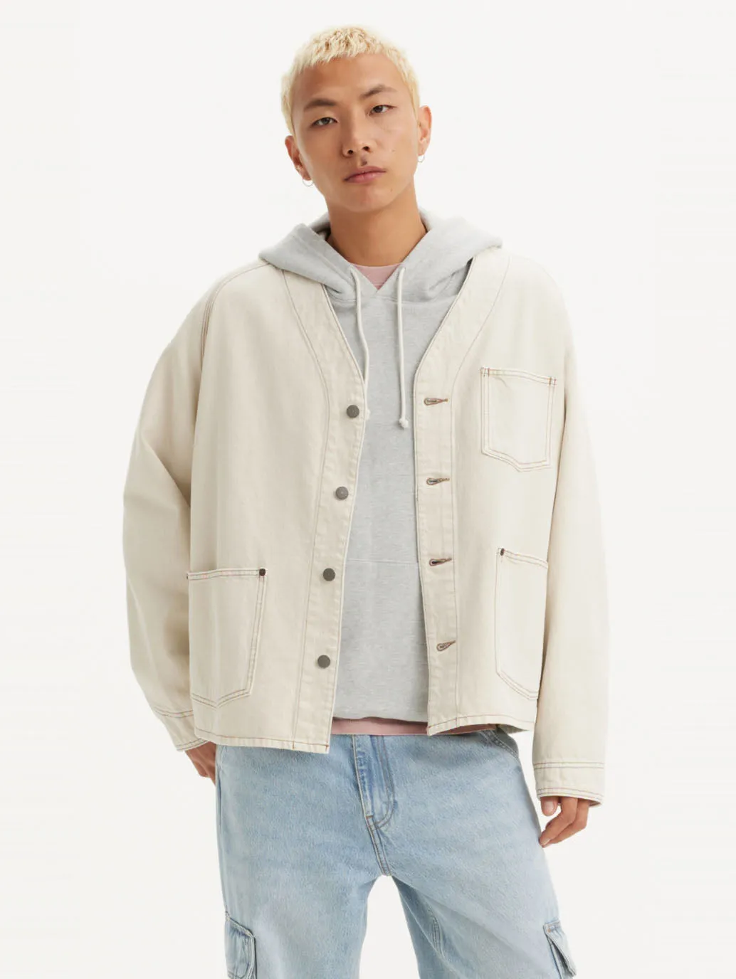 Men's Solid Cream V Neck Denim Jacket LEVI'S