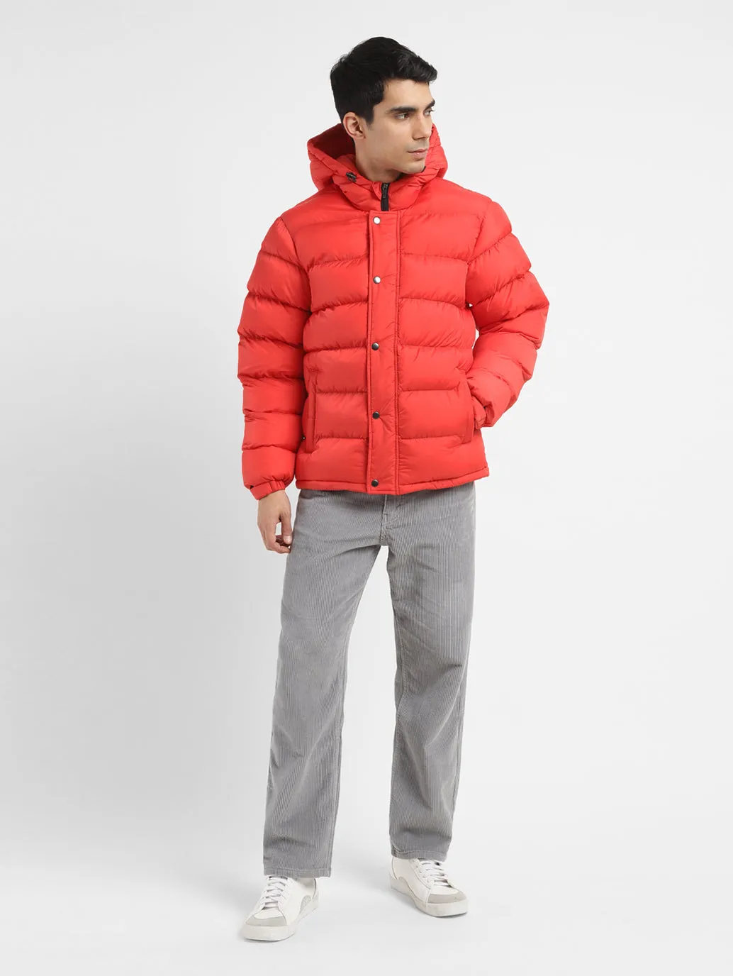 Men's Solid Red Hooded Quilted Jacket LEVI'S