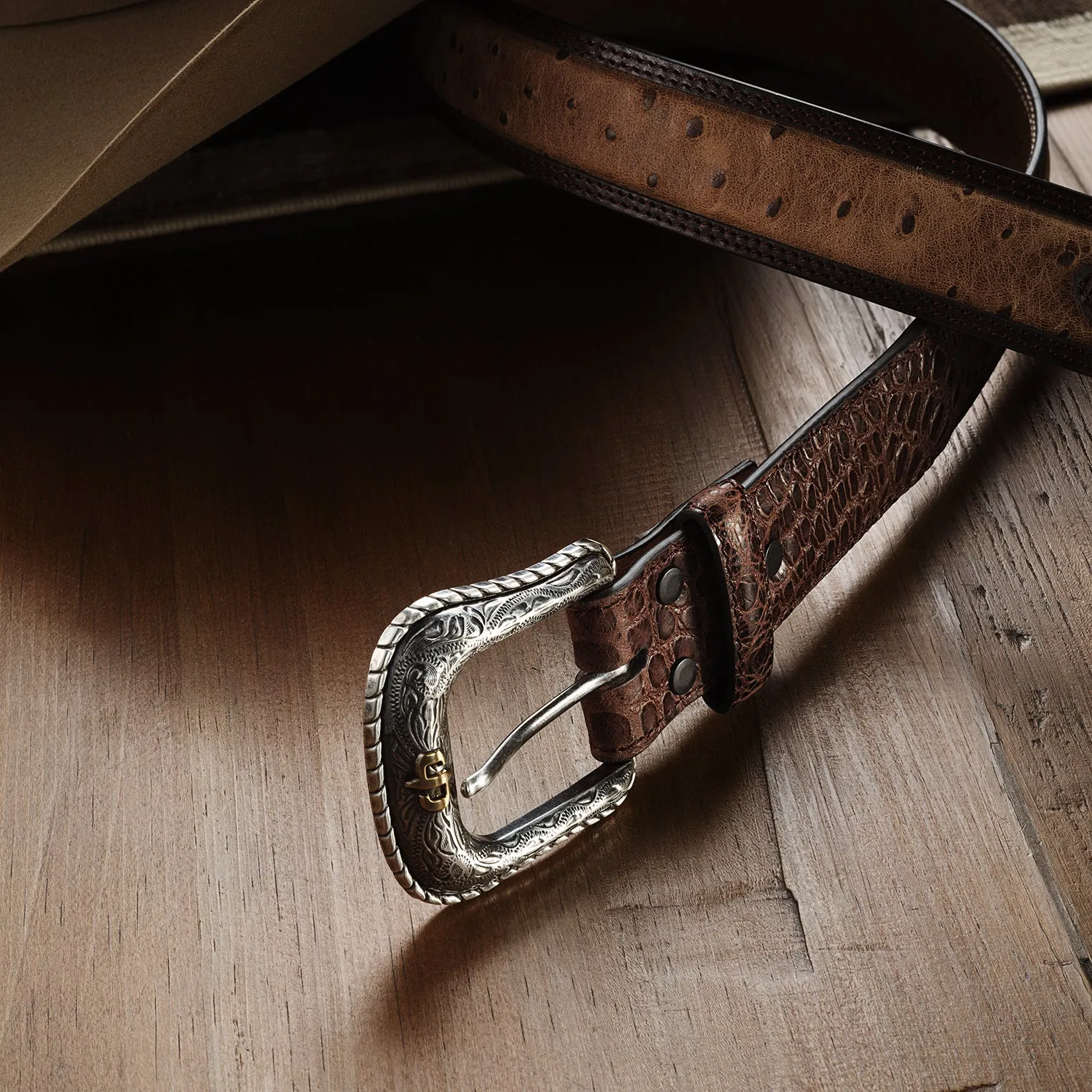 Ostrich Print Croco Embossed Western Tabs Belt -STETSON