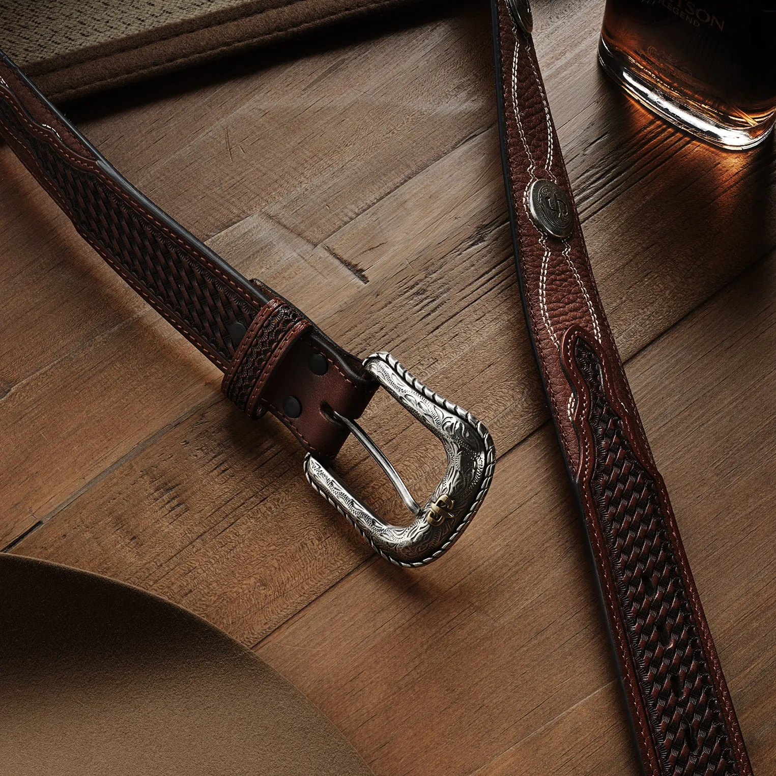 Pebble Leather Basket Weave Tabs Belt -STETSON