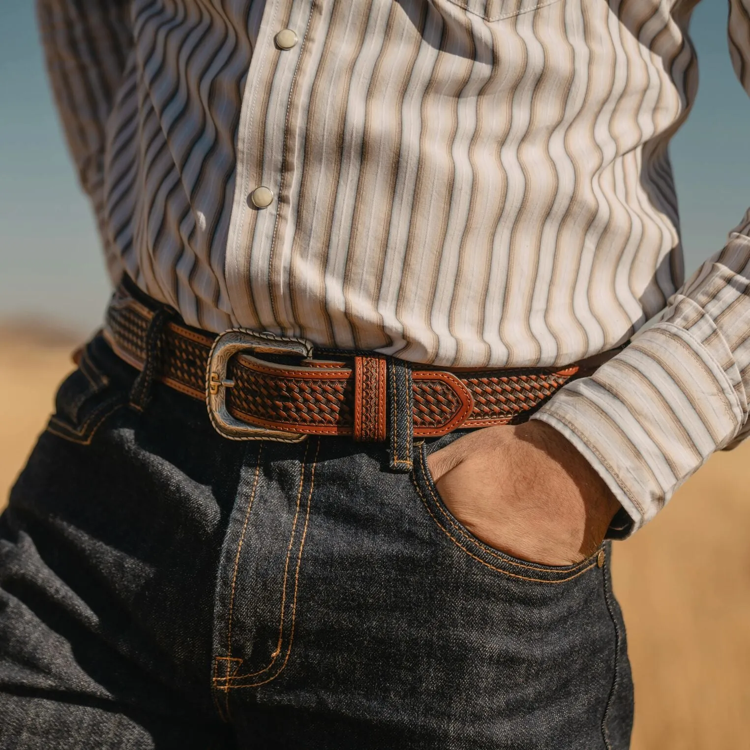 Pebble Leather Basket Weave Tabs Belt -STETSON