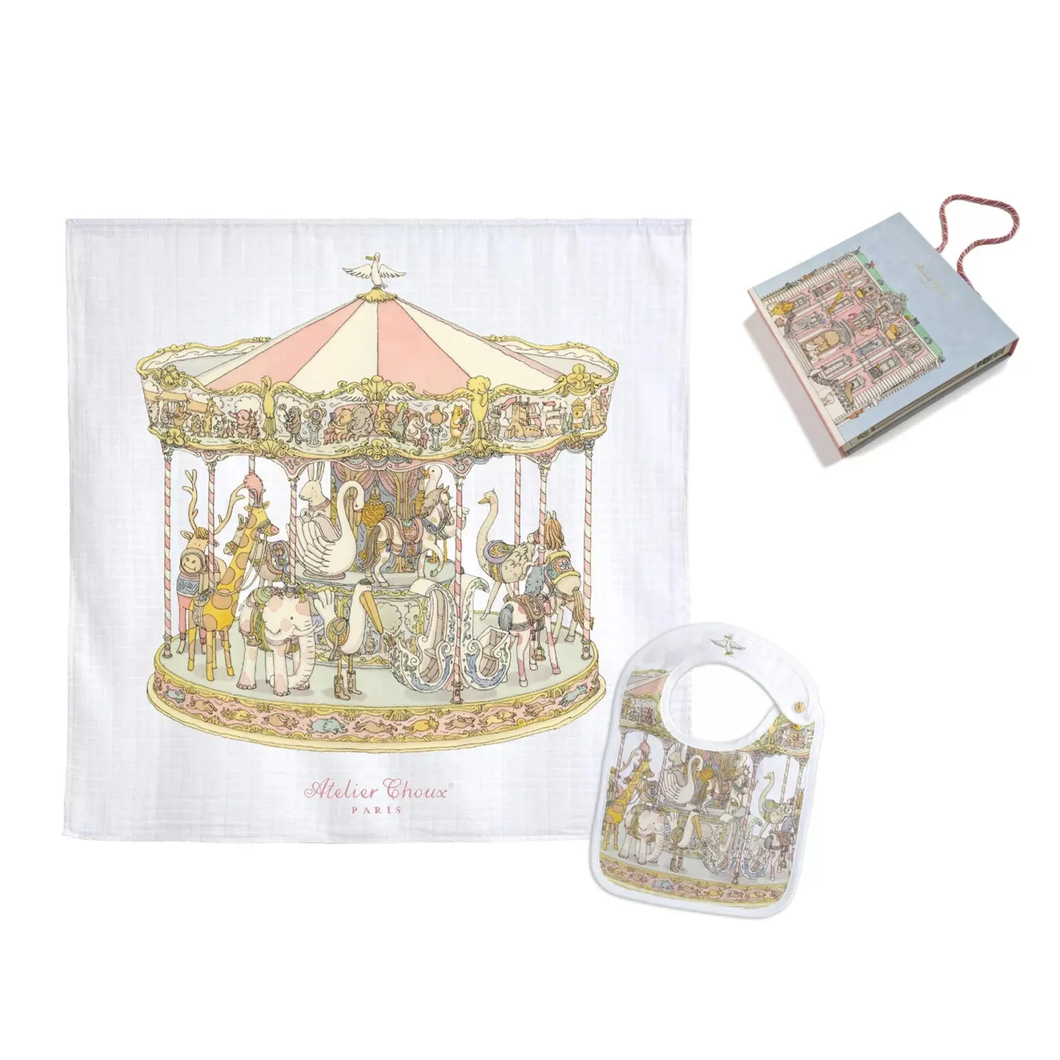 Pink Carousel Organic Cotton Swaddle & Bib with Gift Box Set