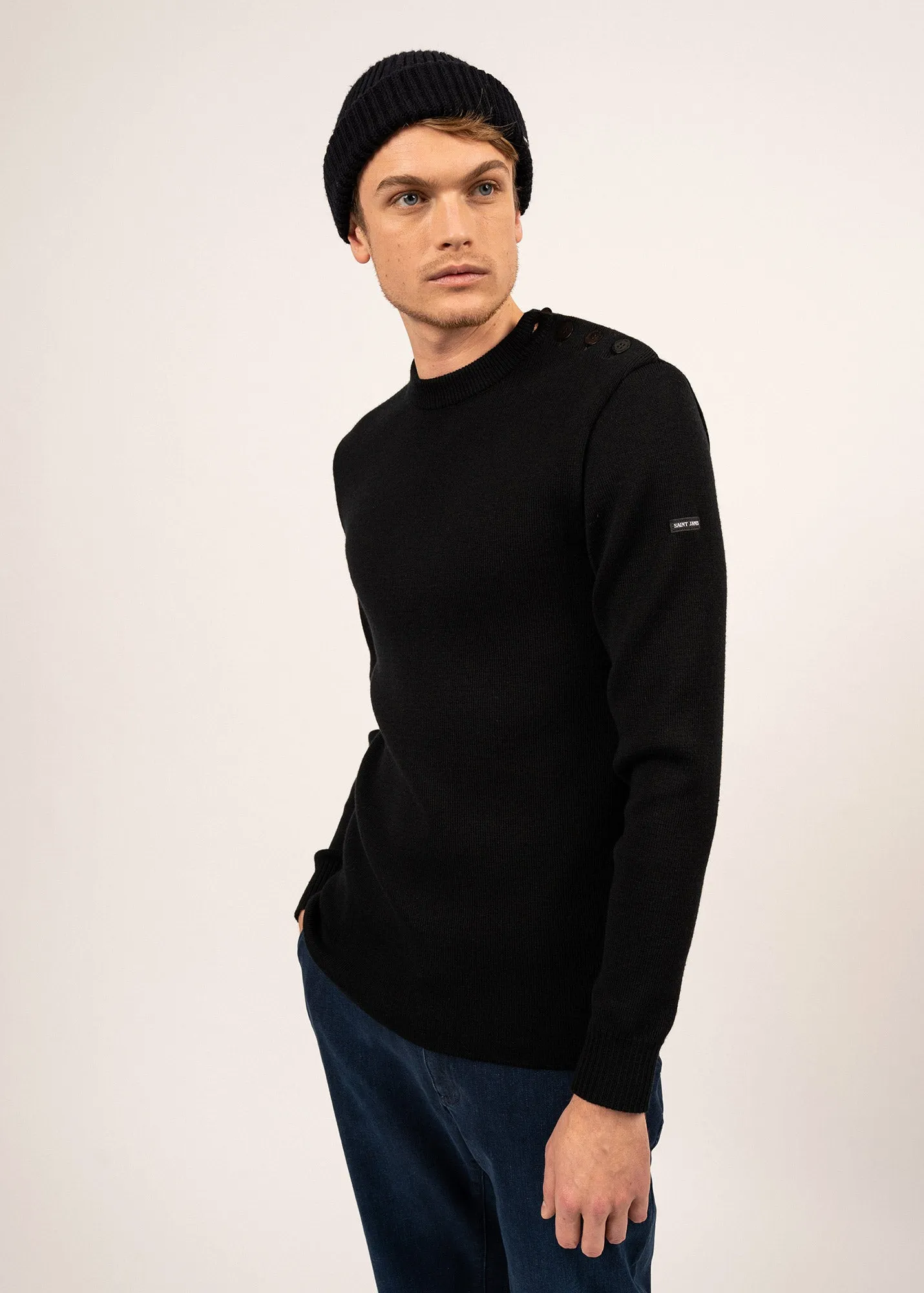 Pull marin uni Rochefort - en laine mrinos (NOIR)