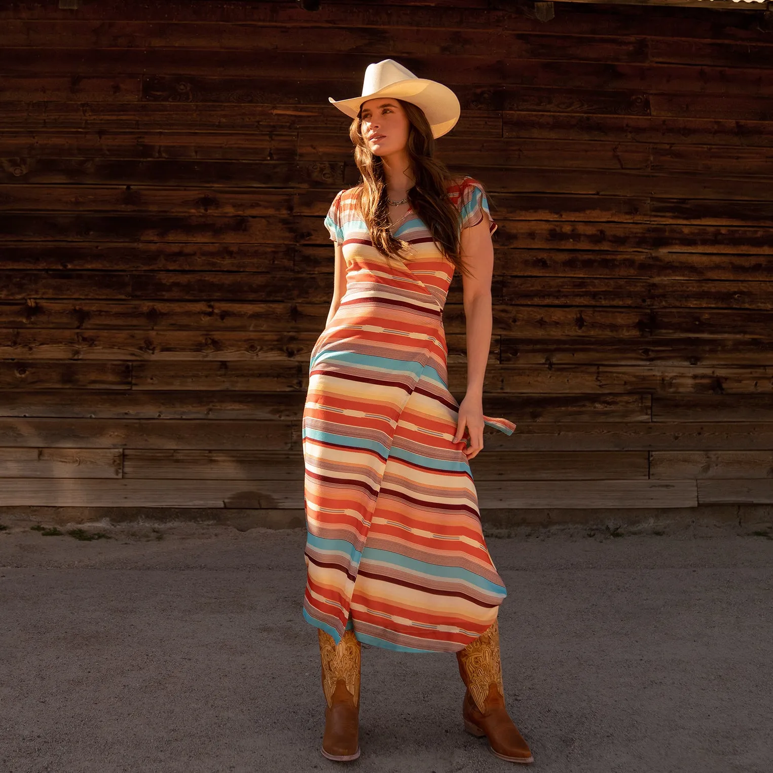 Sunset Serape Print Rayon Herringbone Wrap Front Dress -STETSON