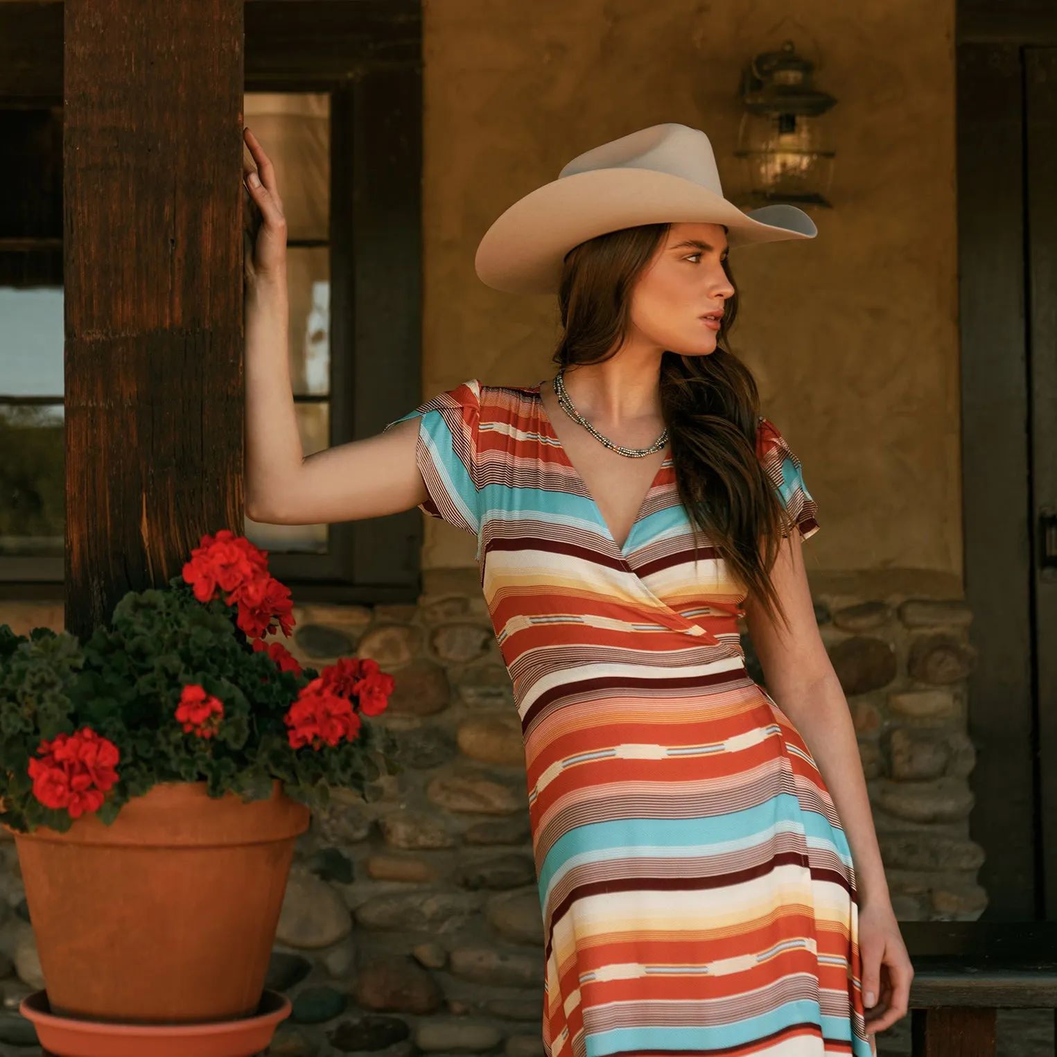 Sunset Serape Print Rayon Herringbone Wrap Front Dress -STETSON