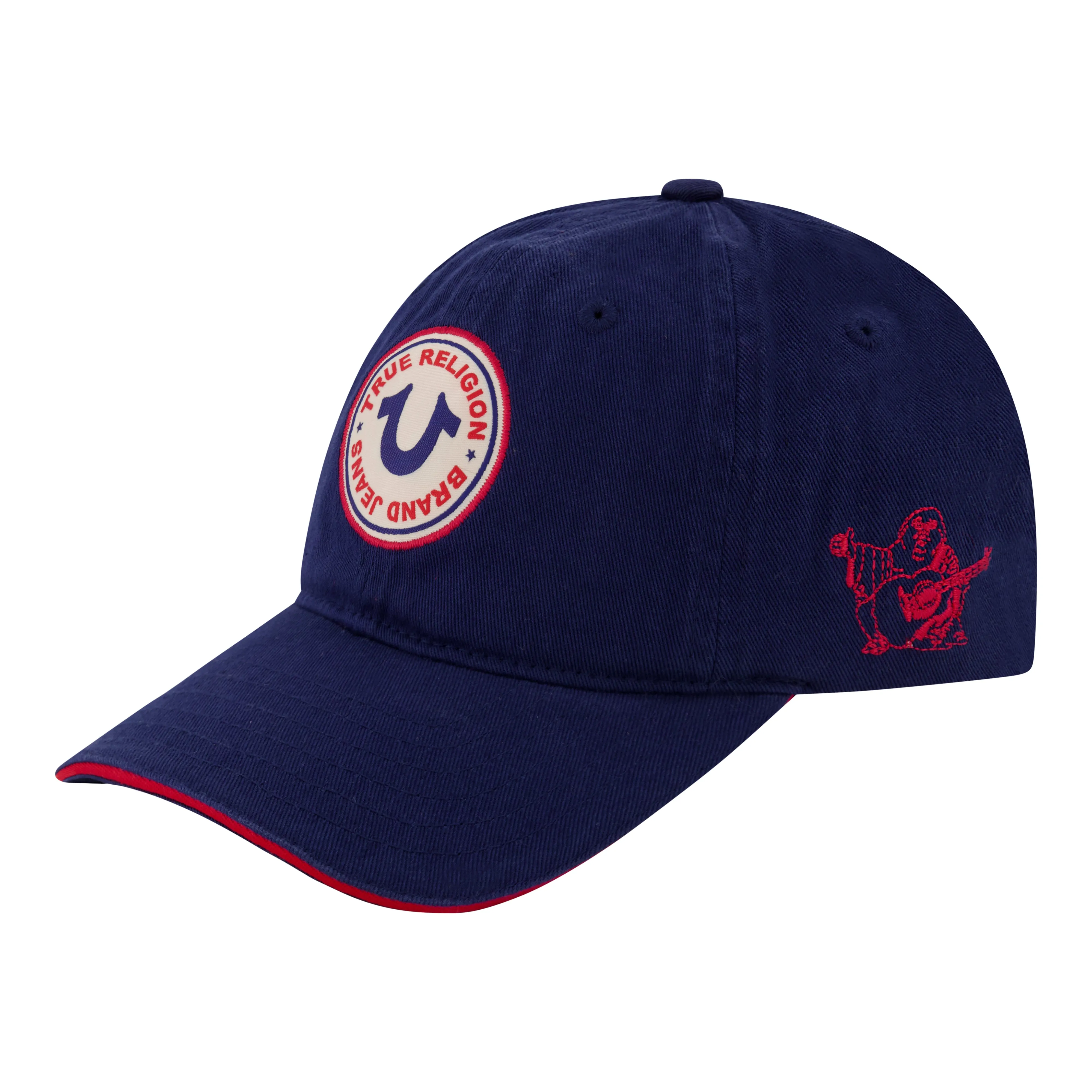 True Religion Baseball Cap, 5 Panel Cotton Twill Kids Baseball Hat with Round Woven Patch Logo, Adjustable, Blue, One Size