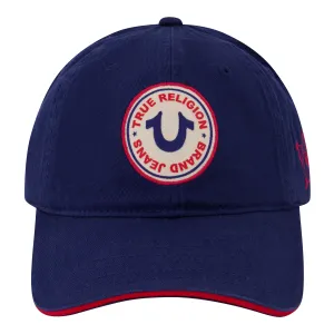 True Religion Baseball Cap, 5 Panel Cotton Twill Kids Baseball Hat with Round Woven Patch Logo, Adjustable, Blue, One Size