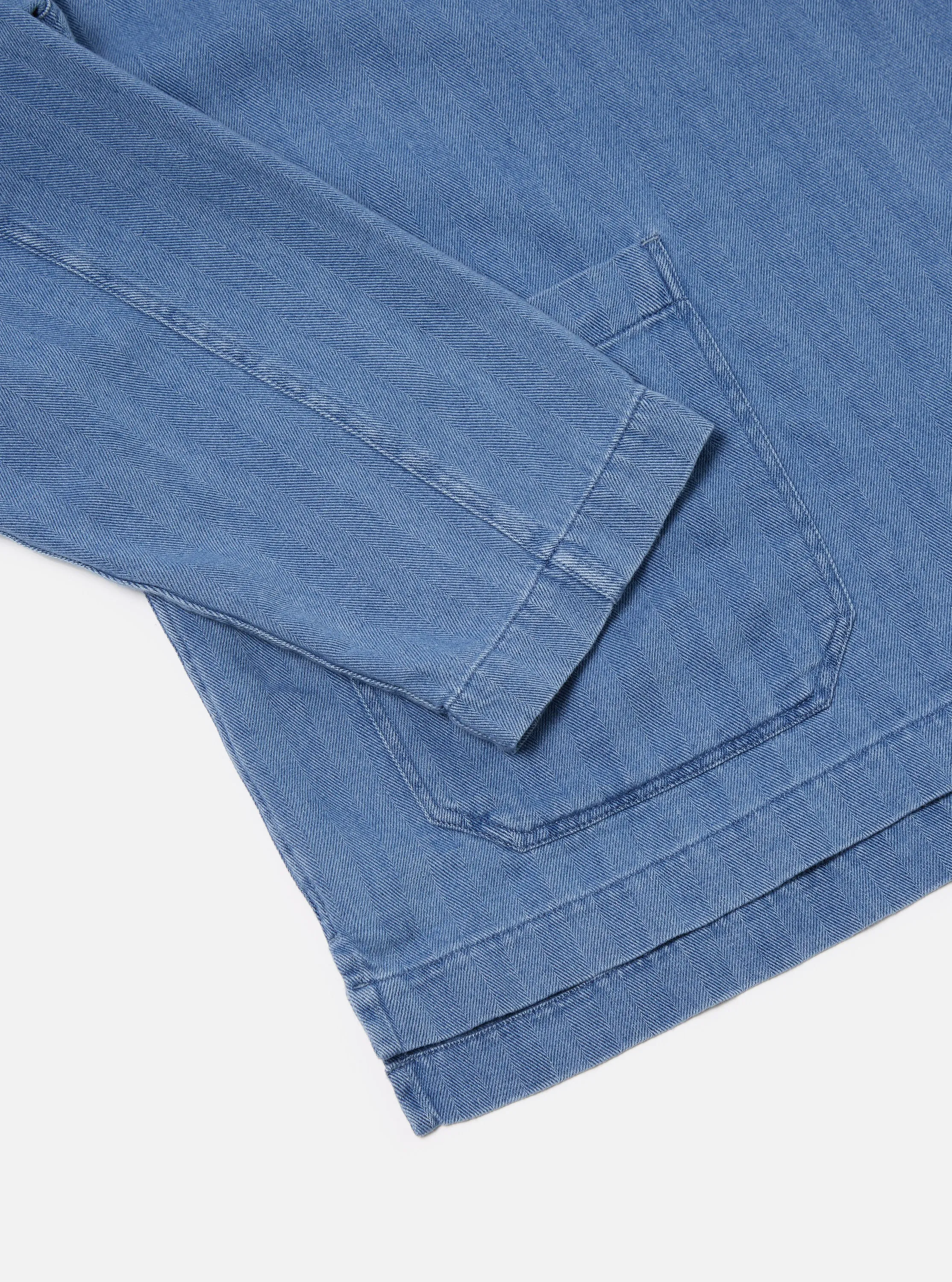 Universal Works Smock Overshirt in Washed Indigo Herringbone Denim