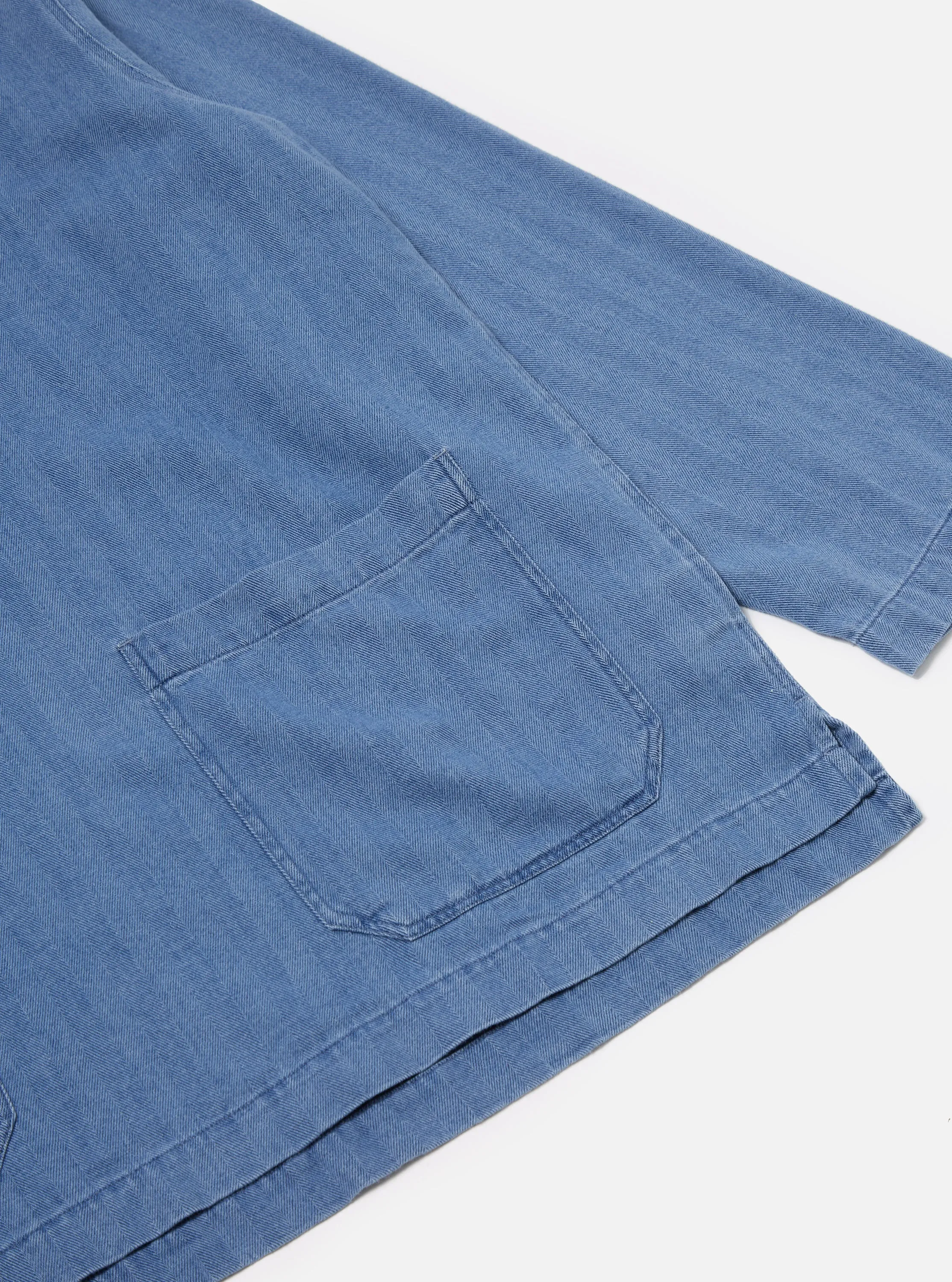 Universal Works Smock Overshirt in Washed Indigo Herringbone Denim
