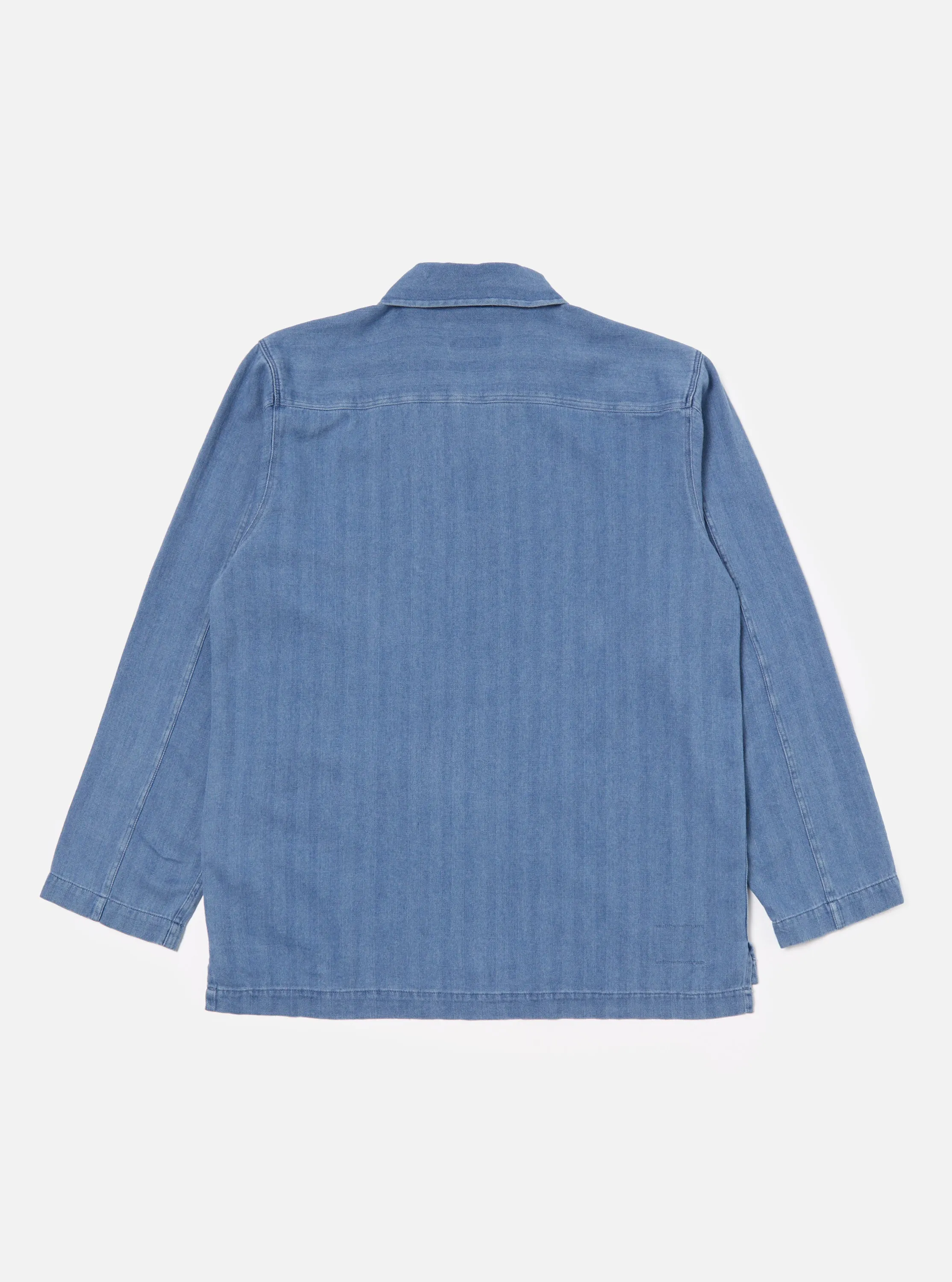 Universal Works Smock Overshirt in Washed Indigo Herringbone Denim