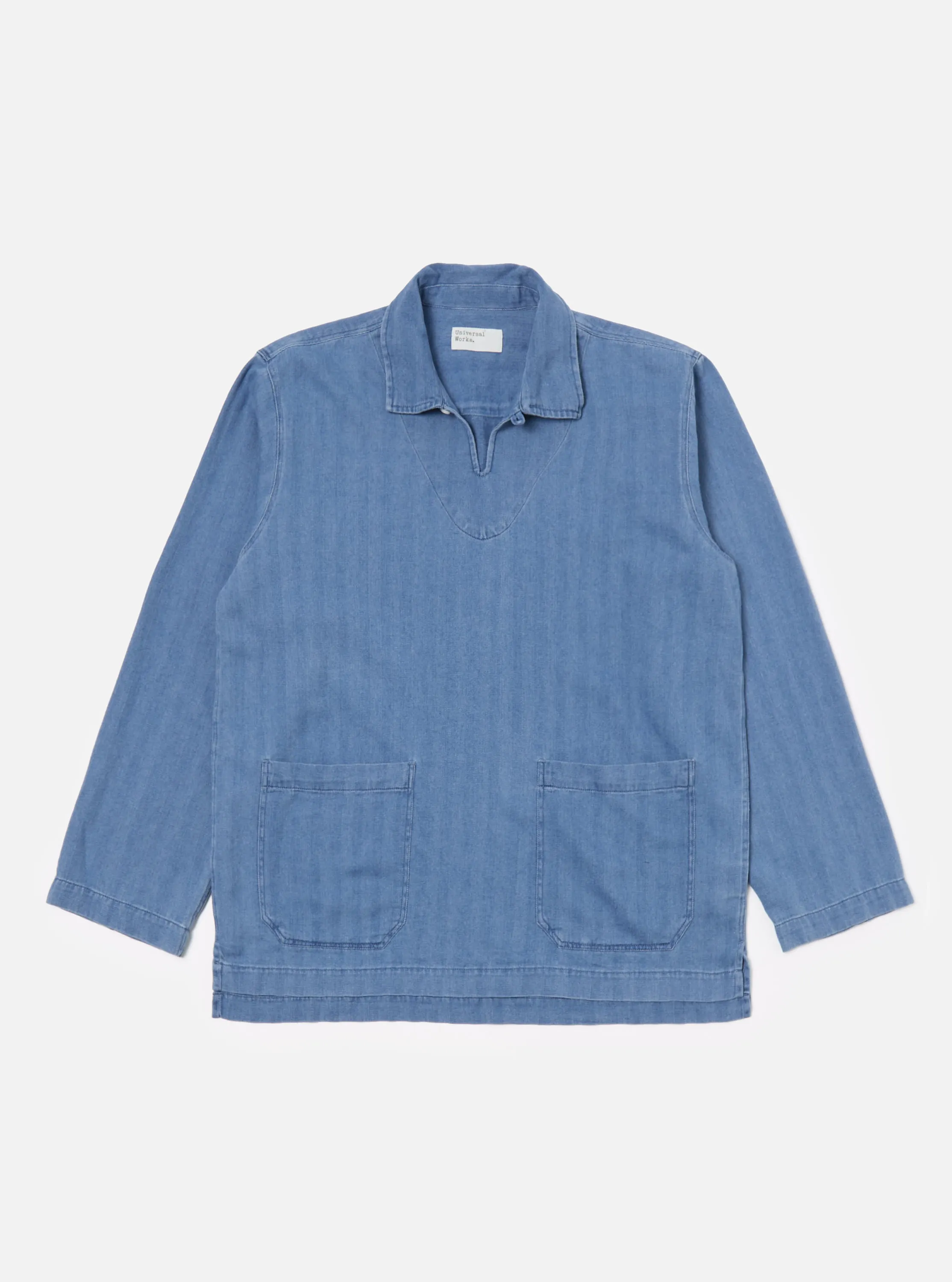 Universal Works Smock Overshirt in Washed Indigo Herringbone Denim