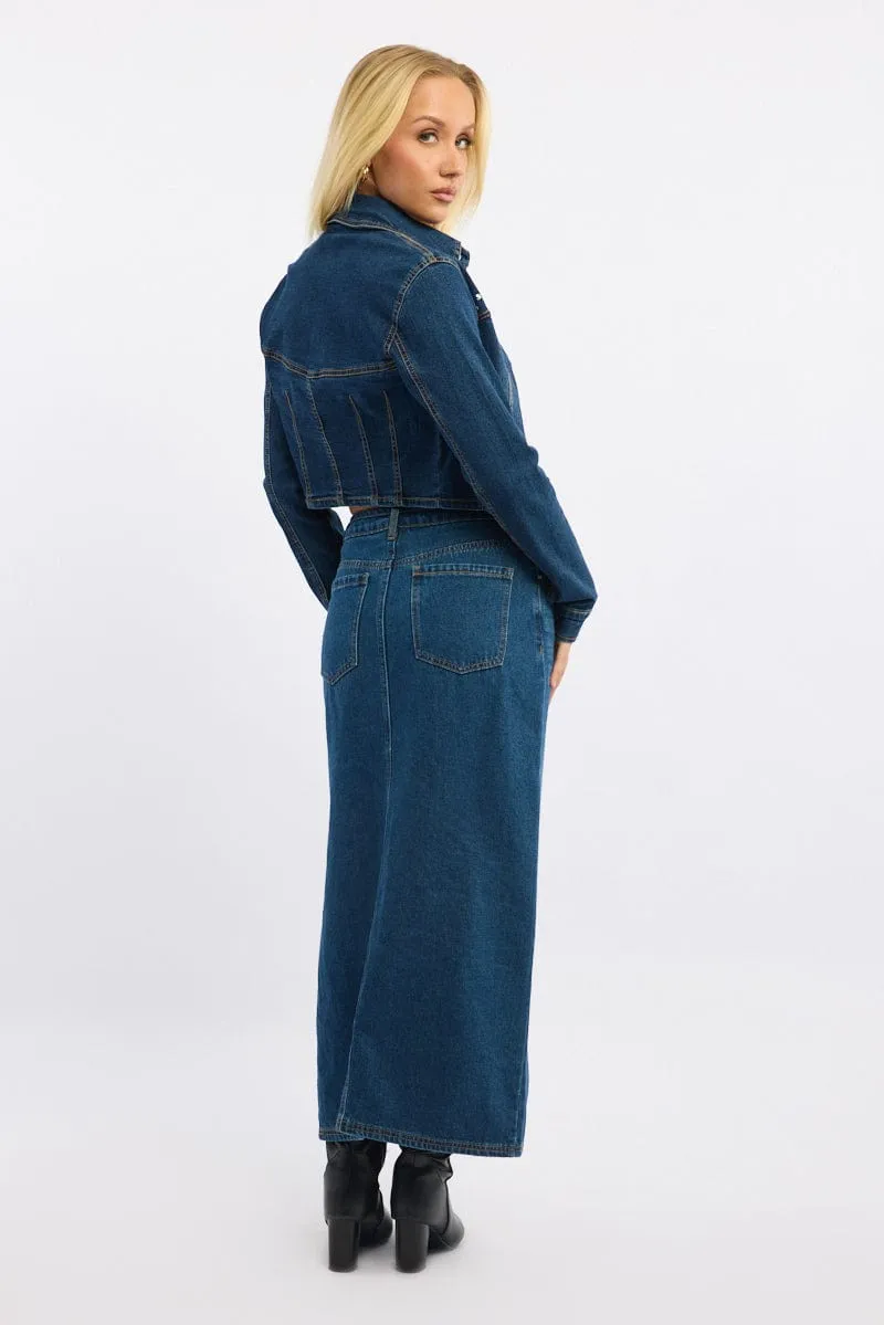 VIP Favorite Denim Maxi Skirt Mid Rise Side Split Ally  Limited Availability!