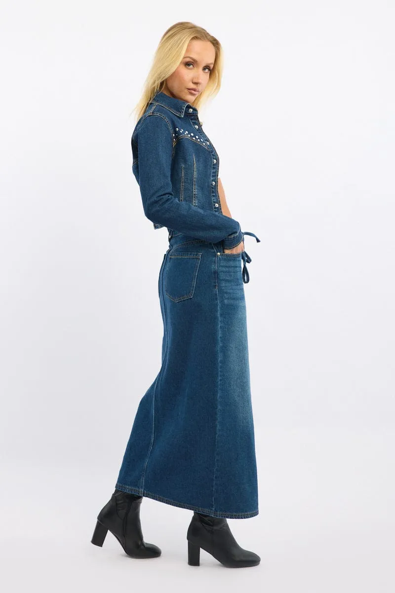 VIP Favorite Denim Maxi Skirt Mid Rise Side Split Ally  Limited Availability!