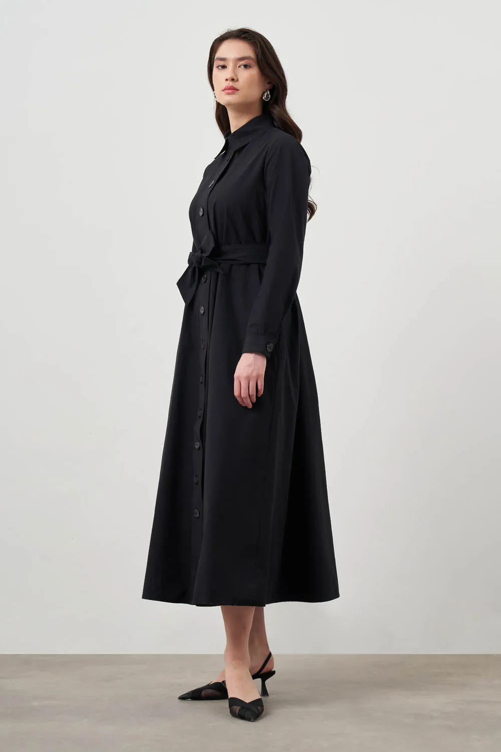 Worth Every Penny Mizalle Button Up Belted Dress Black Apparel  Going Fast!